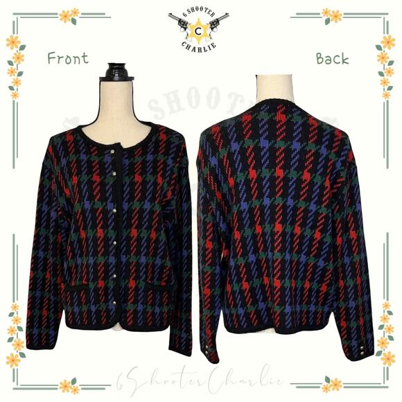 VTG WORTHINGTON Red Black Button Front Plaid Geometric Cardigan Sweater Sz Large - Picture 1 of 6